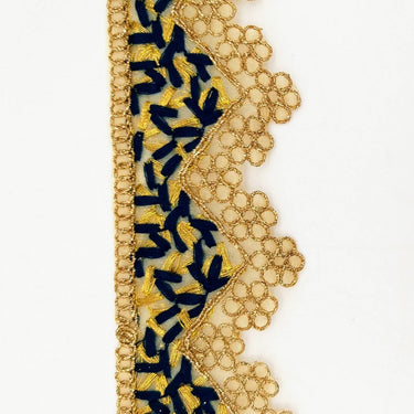 Gold Sheer Tissue Fabric Cutwork Trim with Embroidery in Gold and Navy Blue, Scallop Trim, Fringe Trim